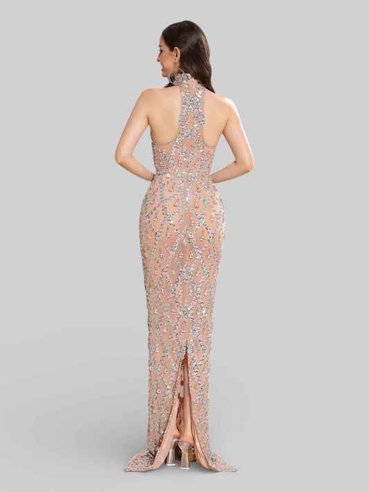 Vestido de Festa Super Luxo Gola Alta Cristais