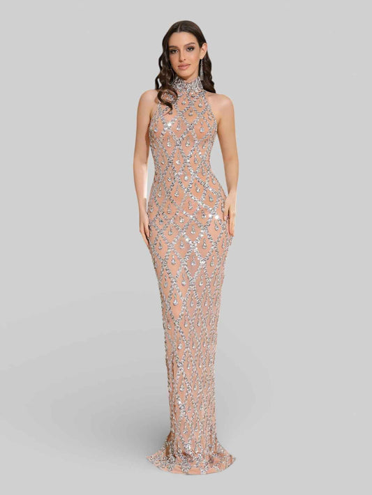 Vestido de Festa Super Luxo Gola Alta Cristais