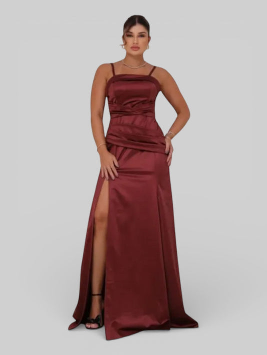 Vestido Longo de Festa Acetinado Gola Reta Drapeado - Aurea Dress