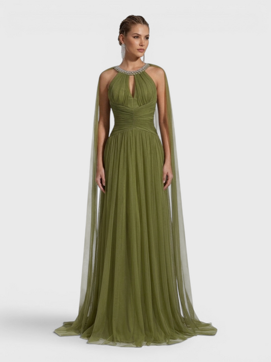 Vestido de Festa Longo com Capa Gola Halter Strass