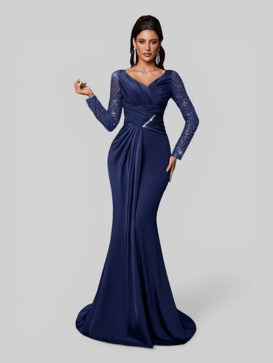 Vestido de Festa Drapeado Manga Longa Super Luxo Supreme