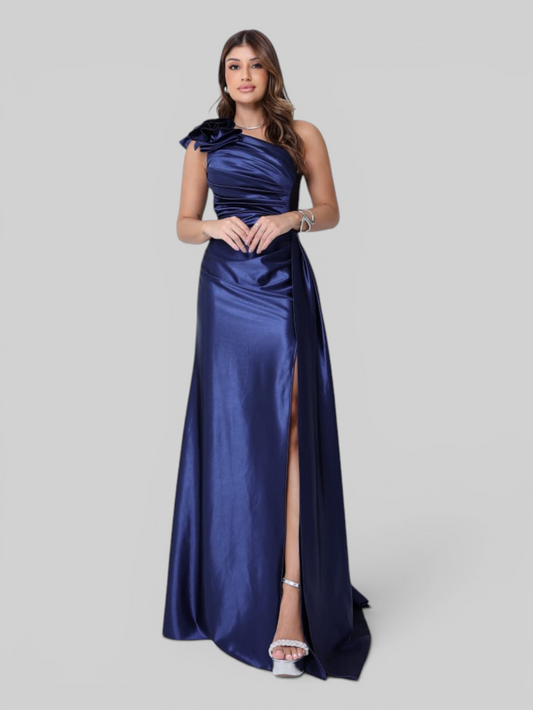 Vestido de Festa Longo Acetinado Nula Manga Capa Navona
