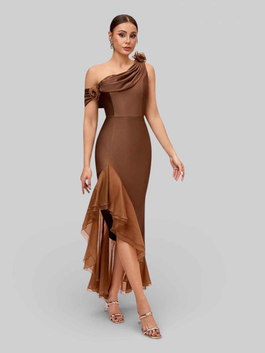 Vestido de Festa Longo Assimétrico Babados