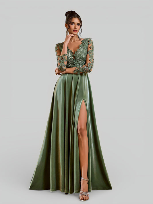 Vestido de Festa Longo Manga 3/4 Bordado Clemente - Aurea Dress