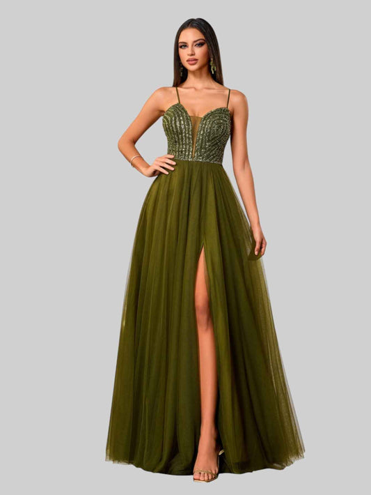 Vestido de Festa Longo Paetê Dubai Oliva