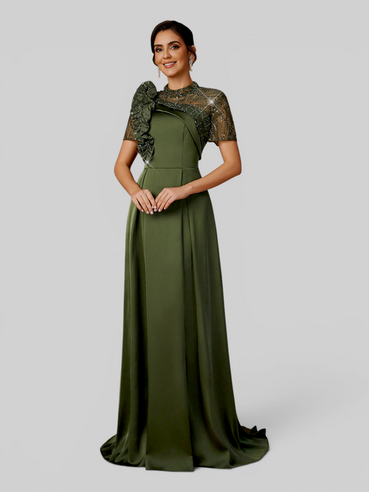 Vestido de Festa Longo Premium Bordado em Paetê Folhagem 3D