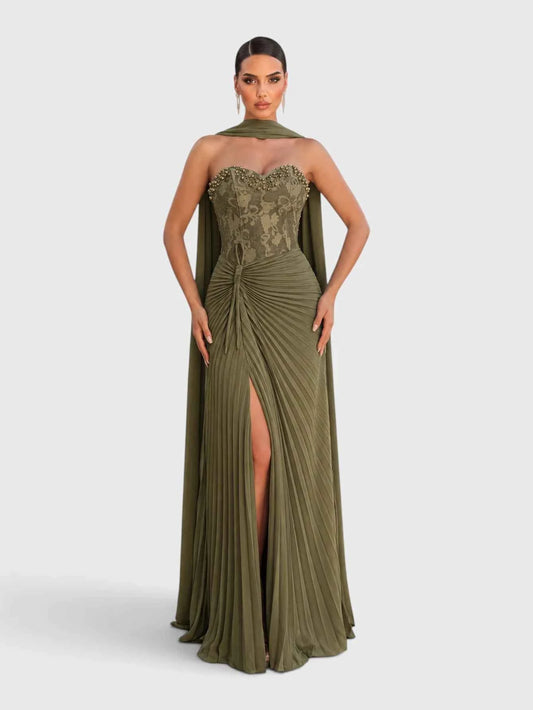 Vestido de Festa Longo Tomara que Caia Plissado com Echarpe Amsterdã