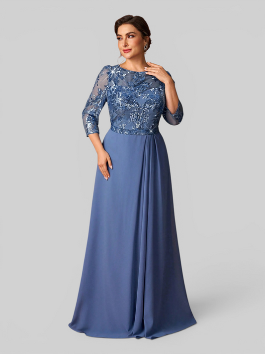 Vestido de Festa Plus Size Manga Longa Bordado e Paetê Pequim
