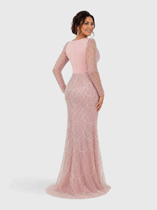 Vestido de Festa Premium Manga Longa com Bordado e Apliques Pérolado