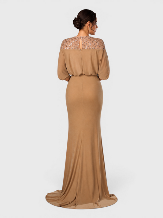 Vestido de Festa Longo com Apliques Paetê Drapeado Bodas