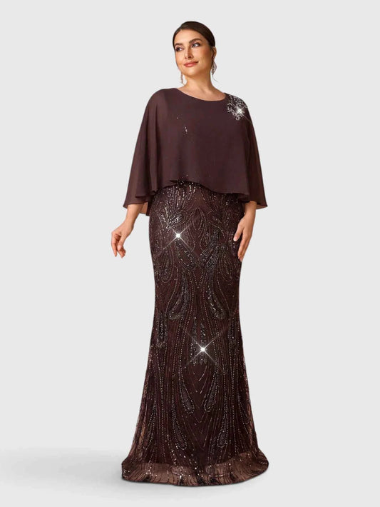 Vestido de Festa Longo Plus Size Lantejoulas com Capa Prime