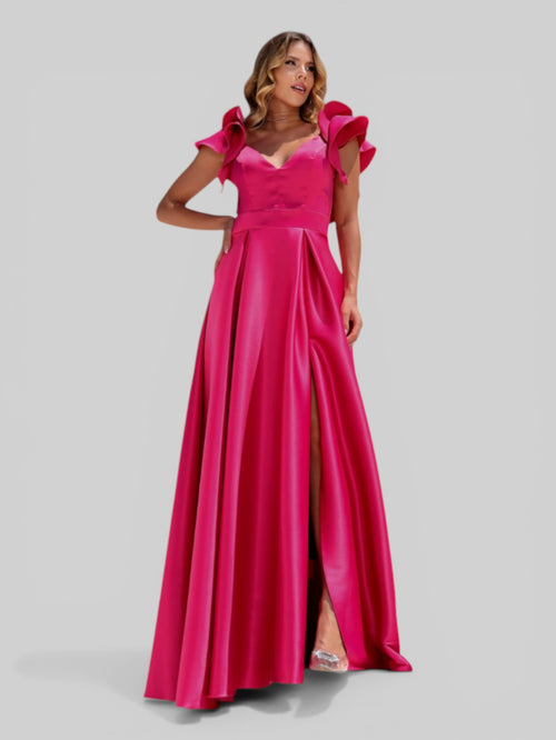 Vestido de Festa Longo com Fenda Camille Babados