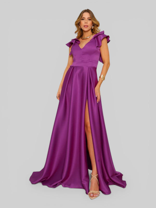 Vestido de Festa Longo com Fenda Camille Babados