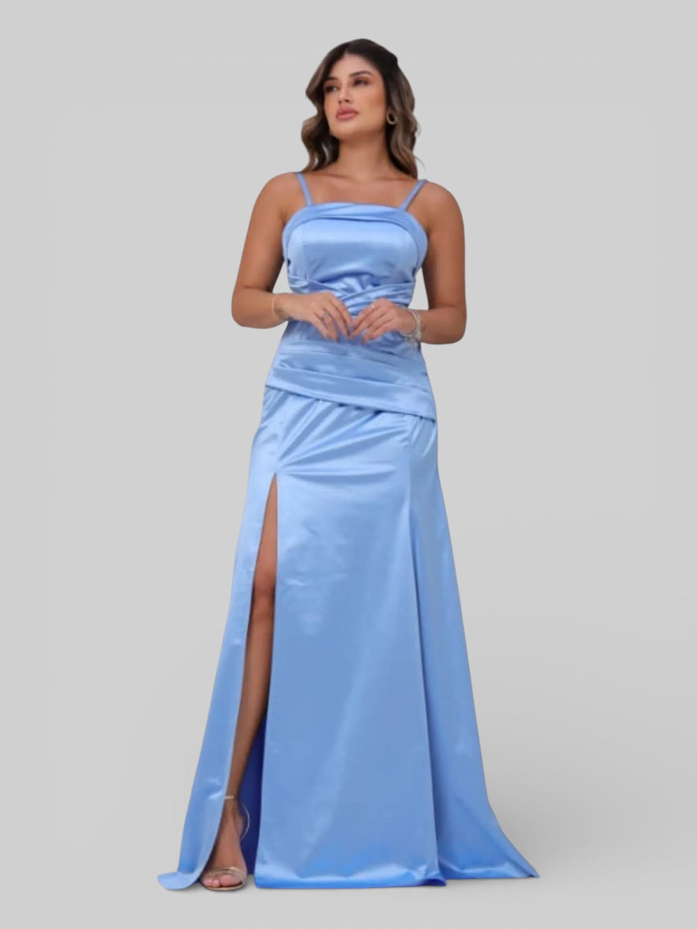 Vestido Longo de Festa Acetinado Gola Reta Drapeado - Aurea Dress