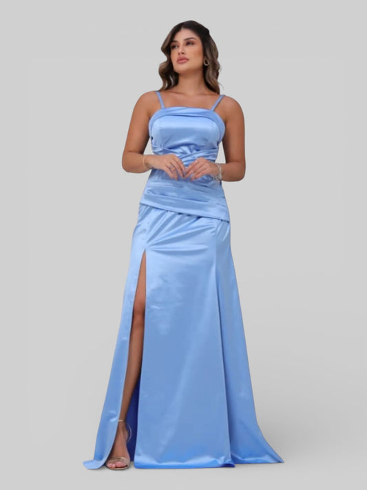Vestido Longo de Festa Acetinado Gola Reta Drapeado - Aurea Dress