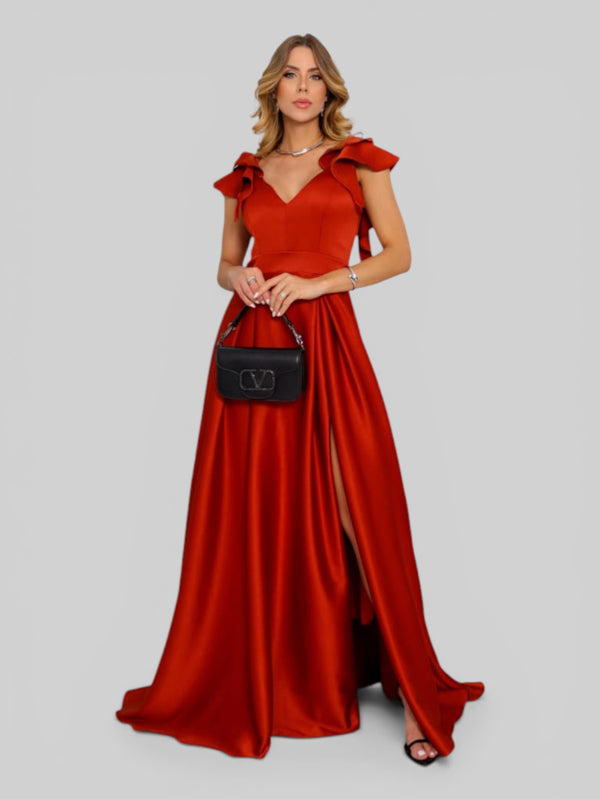 Vestido de Festa Longo com Fenda Camille Babados
