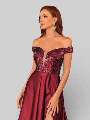 Vestido de Festa Acetinado Ombro a Ombro Lantejoulas