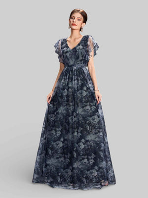 Vestido de Festa Longo Floral Babados