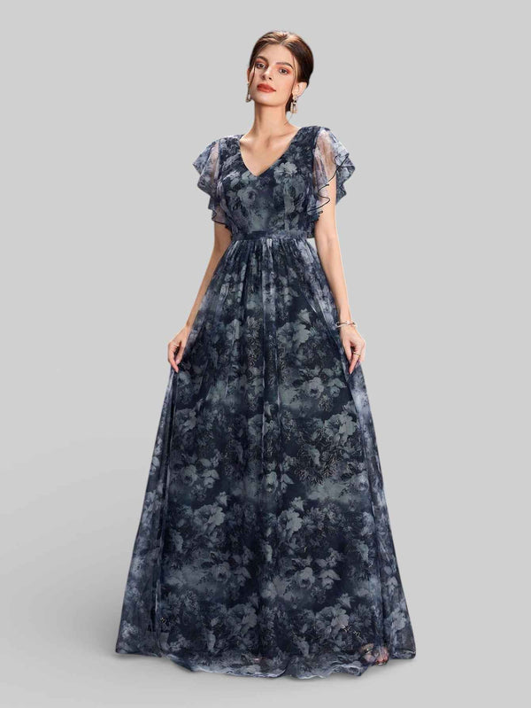 Vestido de Festa Longo Floral Babados