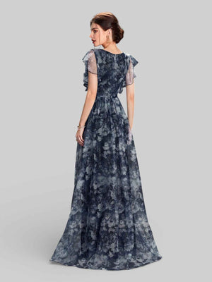 Vestido de Festa Longo Floral Babados