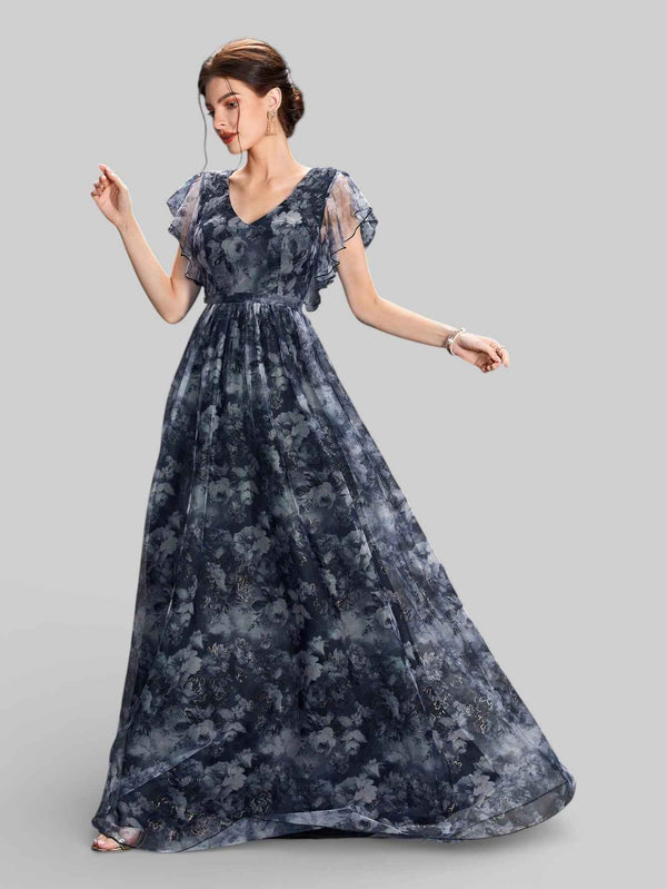 Vestido de Festa Longo Floral Babados