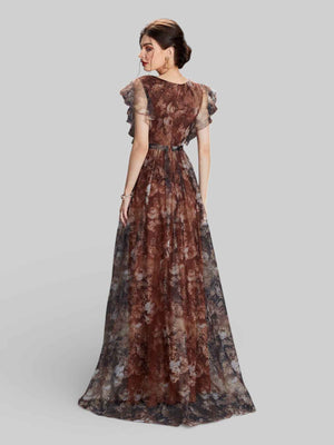 Vestido de Festa Longo Floral Babados