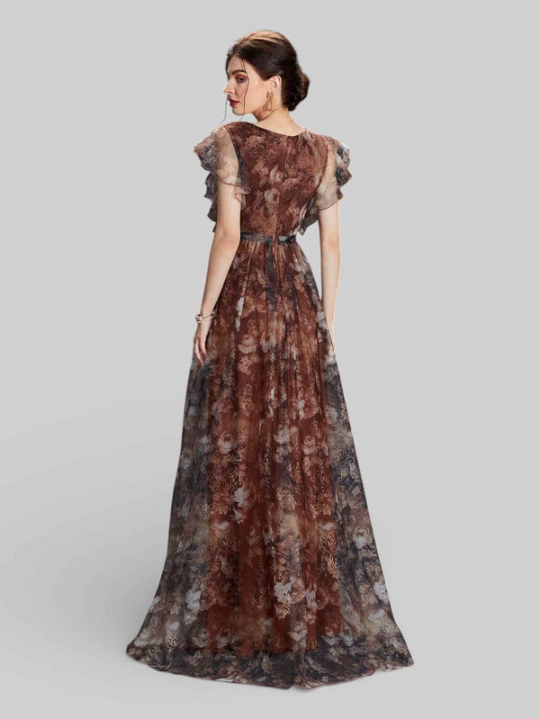 Vestido de Festa Longo Floral Babados