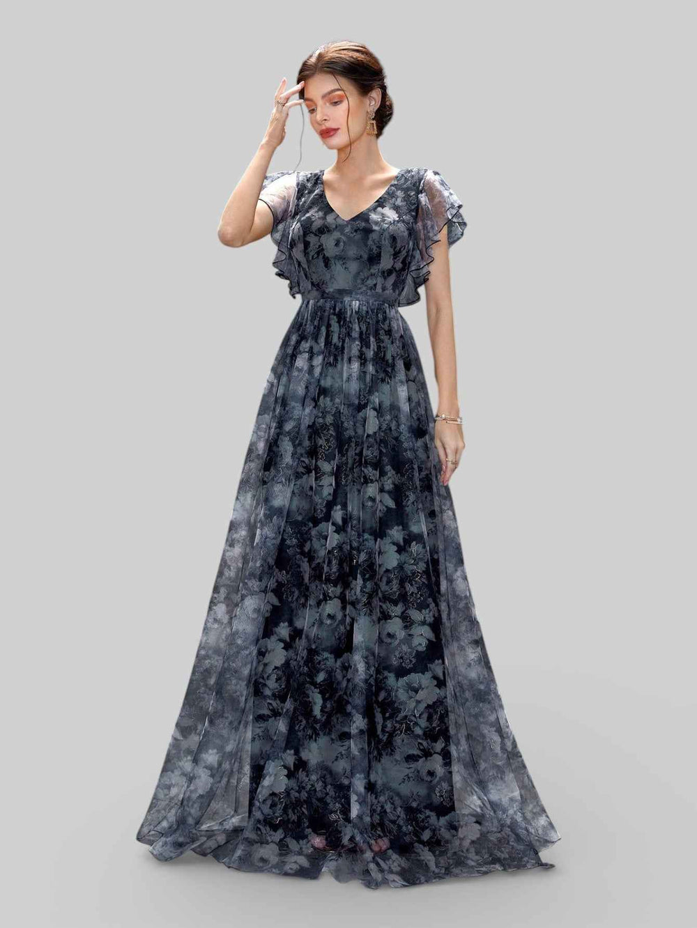 Vestido de Festa Longo Floral Babados