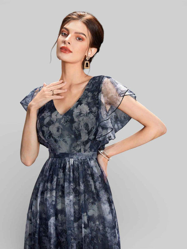 Vestido de Festa Longo Floral Babados