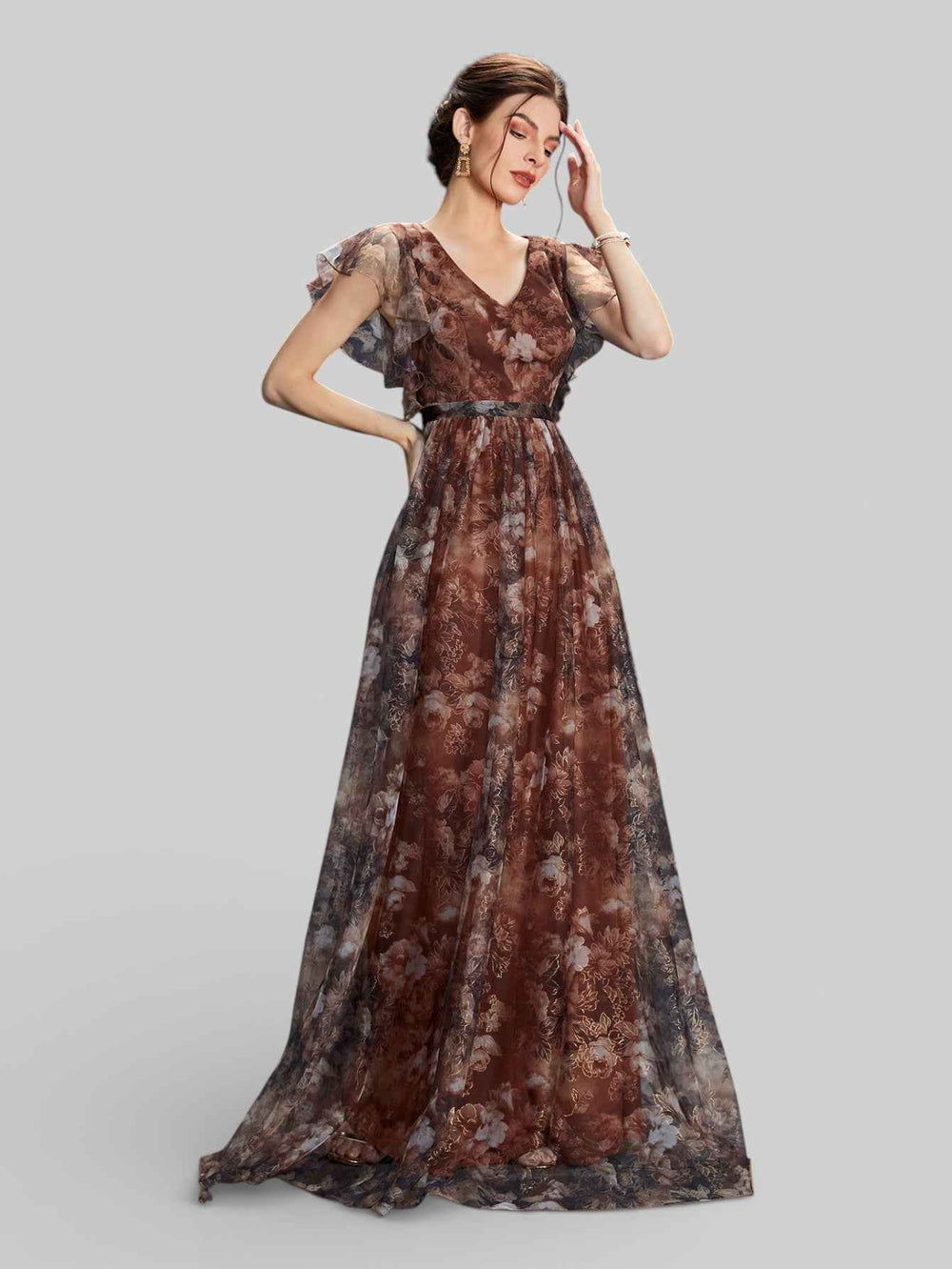Vestido de Festa Longo Floral Babados