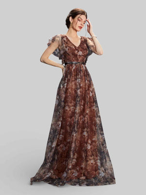 Vestido de Festa Longo Floral Babados