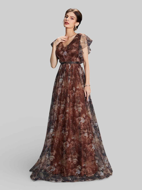 Vestido de Festa Longo Floral Babados