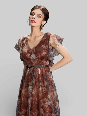 Vestido de Festa Longo Floral Babados