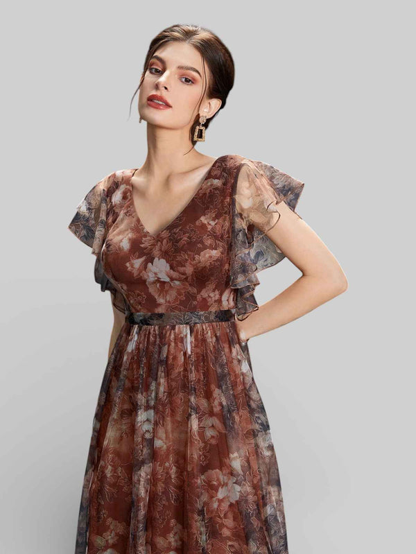 Vestido de Festa Longo Floral Babados