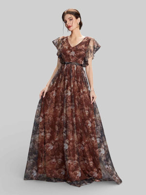 Vestido de Festa Longo Floral Babados