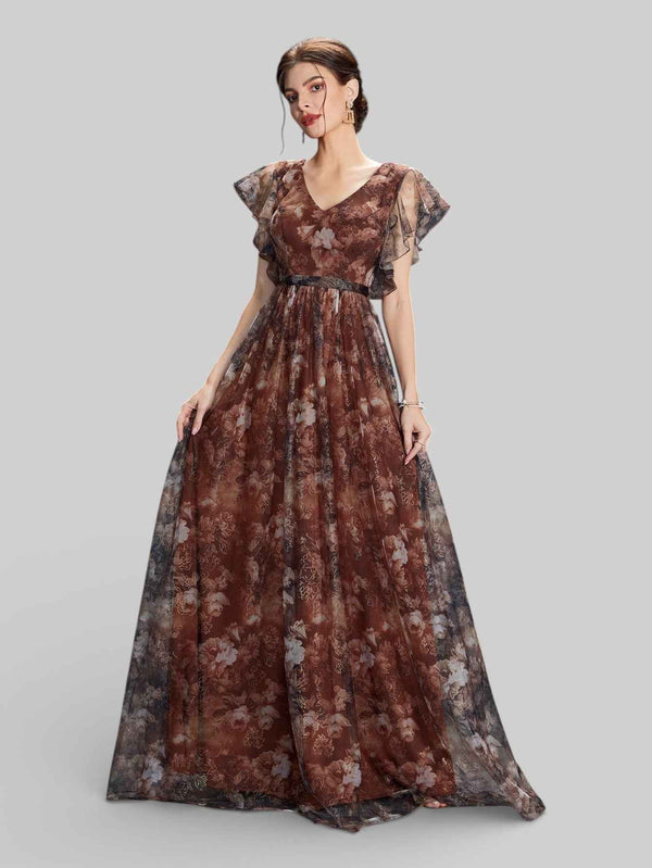 Vestido de Festa Longo Floral Babados