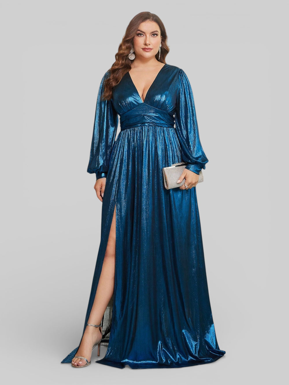 Vestido de Festa Plus Size Manga Longa Metalizado Aurea