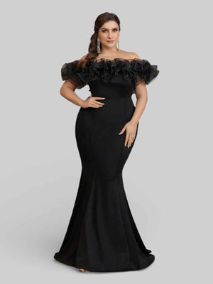 Vestido de Festa Plus Size Ombro a Ombro Flowers