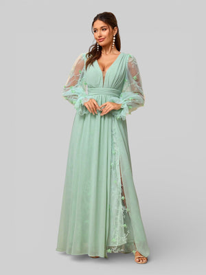 Vestido Longo de Festa Manga Longa com Bordado Tulum - Aurea Dress