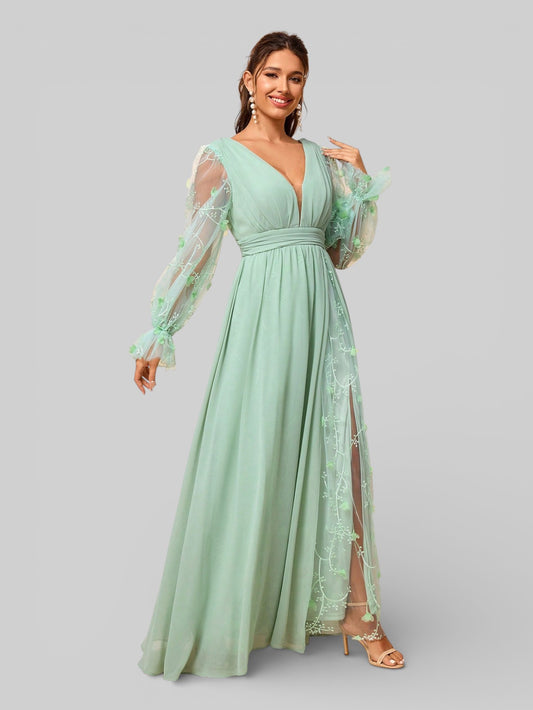 Vestido Longo de Festa Manga Longa com Bordado Tulum - Aurea Dress