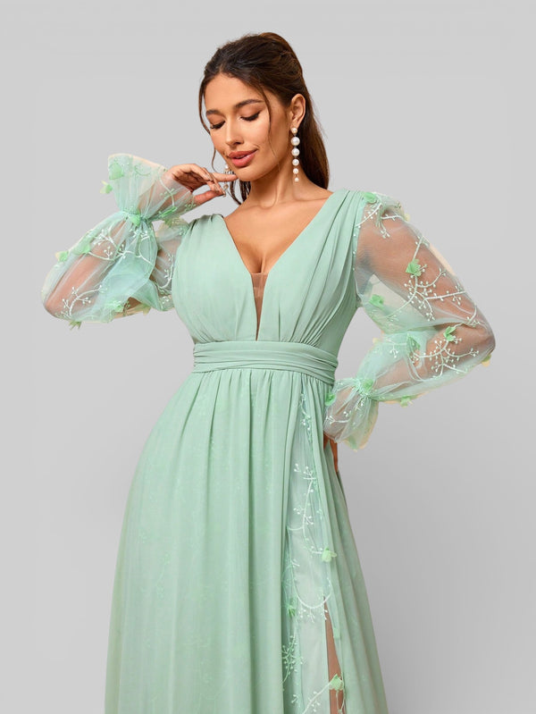 Vestido Longo de Festa Manga Longa com Bordado Tulum - Aurea Dress