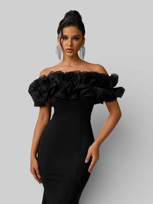 Vestido de Festa Plus Size Ombro a Ombro Flowers