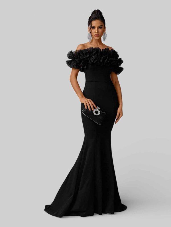 Vestido de Festa Plus Size Ombro a Ombro Flowers