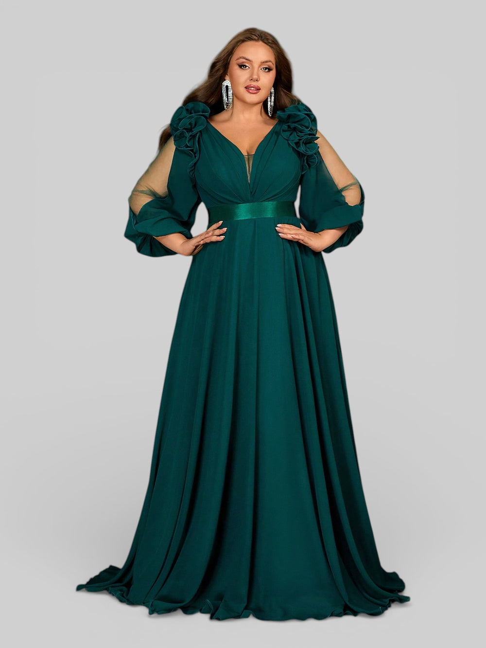 Vestido de Festa Plus Size Manga Longa Flores - Aurea Dress