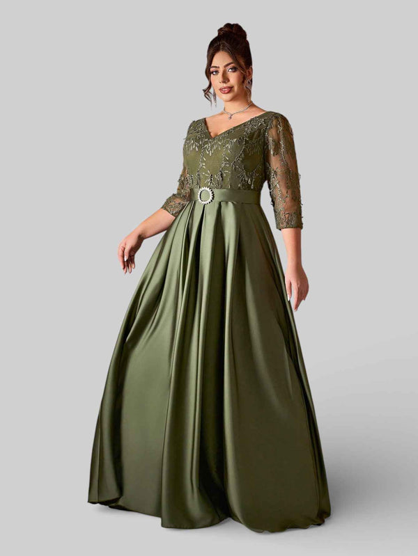 Vestido Longo de Festa Plus Size em Renda Oliva Dress New