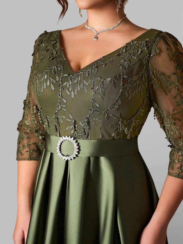 Vestido Longo de Festa Plus Size em Renda Oliva Dress New
