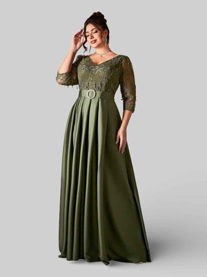Vestido Longo de Festa Plus Size em Renda Oliva Dress New