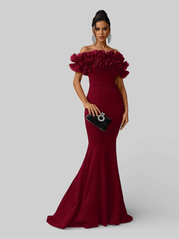 Vestido de Festa Plus Size Ombro a Ombro Flowers