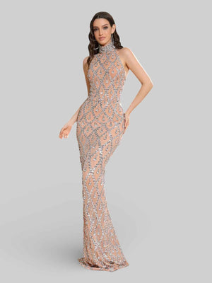 Vestido de Festa Super Luxo Gola Alta Cristais