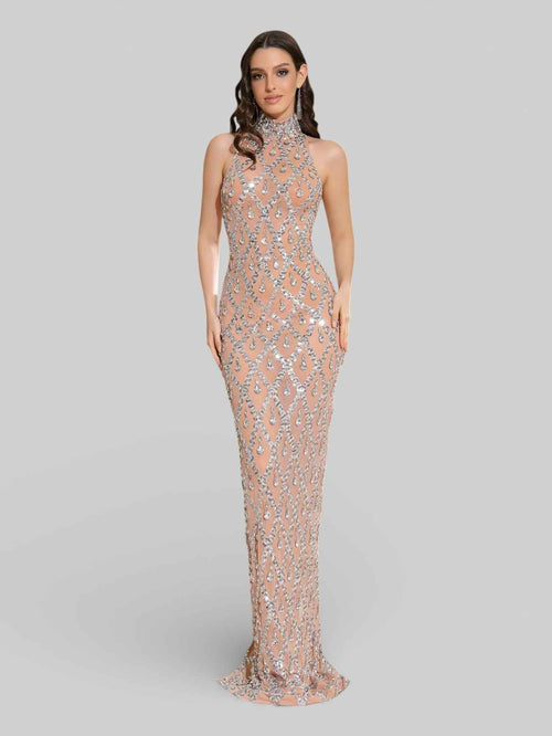 Vestido de Festa Super Luxo Gola Alta Cristais